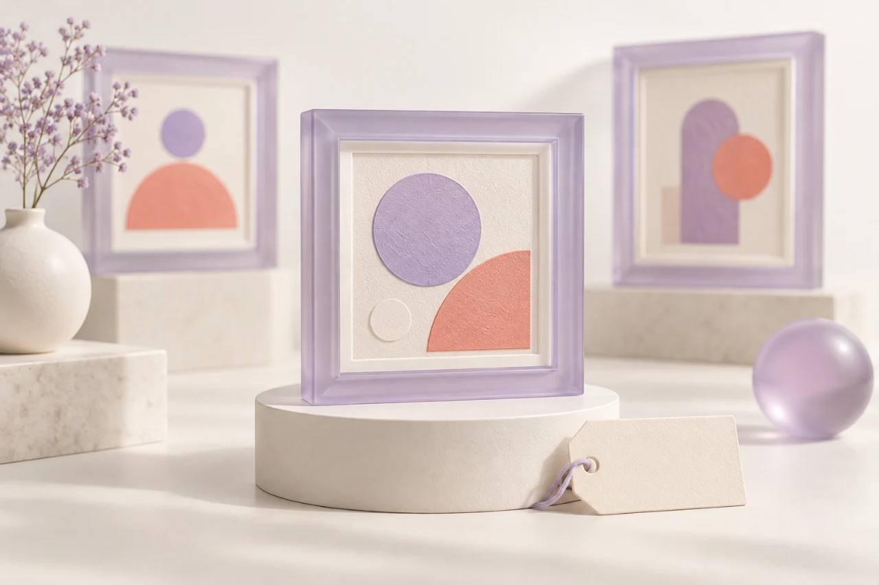 A porcelain gallery with framed geometric artworks and an empty ownership tag.