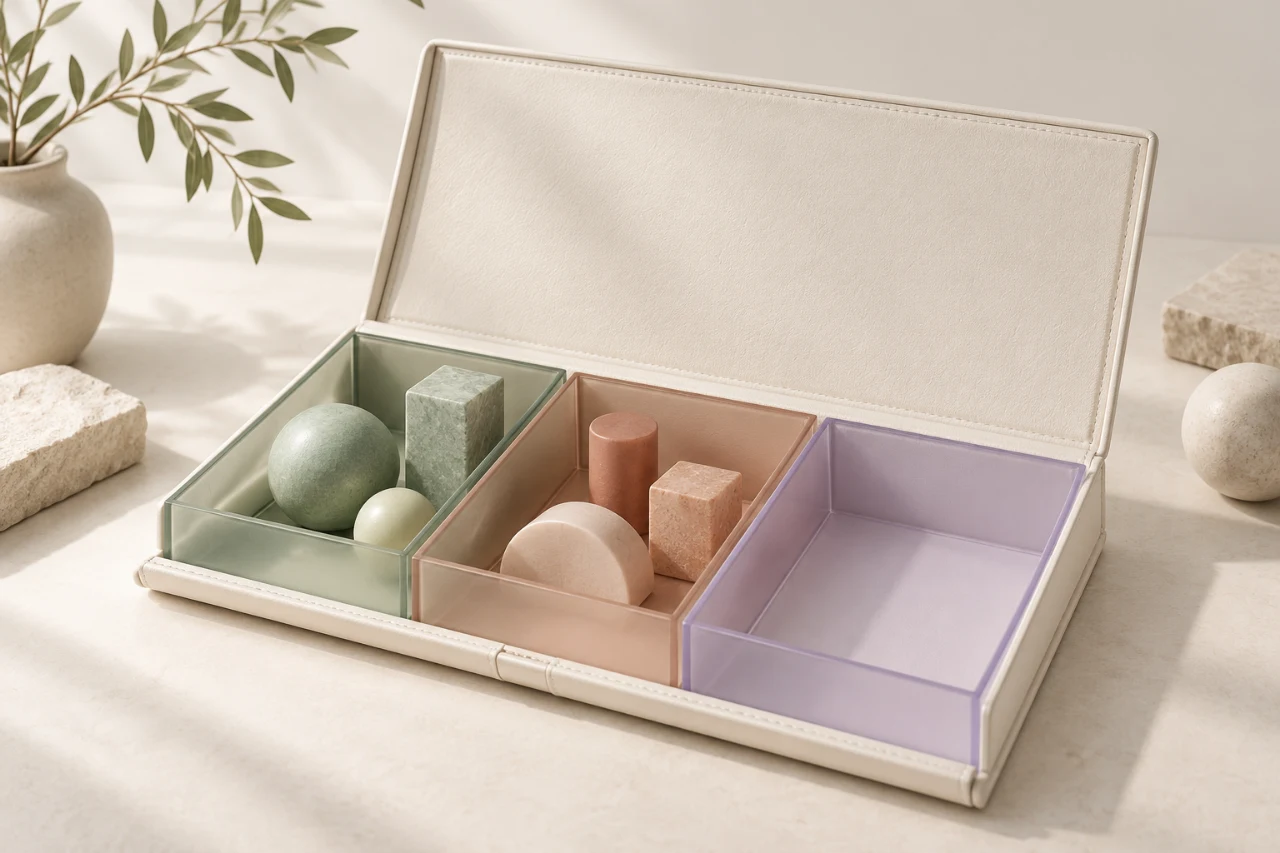 An open portfolio folio holds distinct asset compartments, including one empty section.