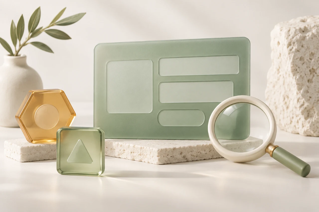 A sage identification card, geometric asset tiles and a small inspection lens.